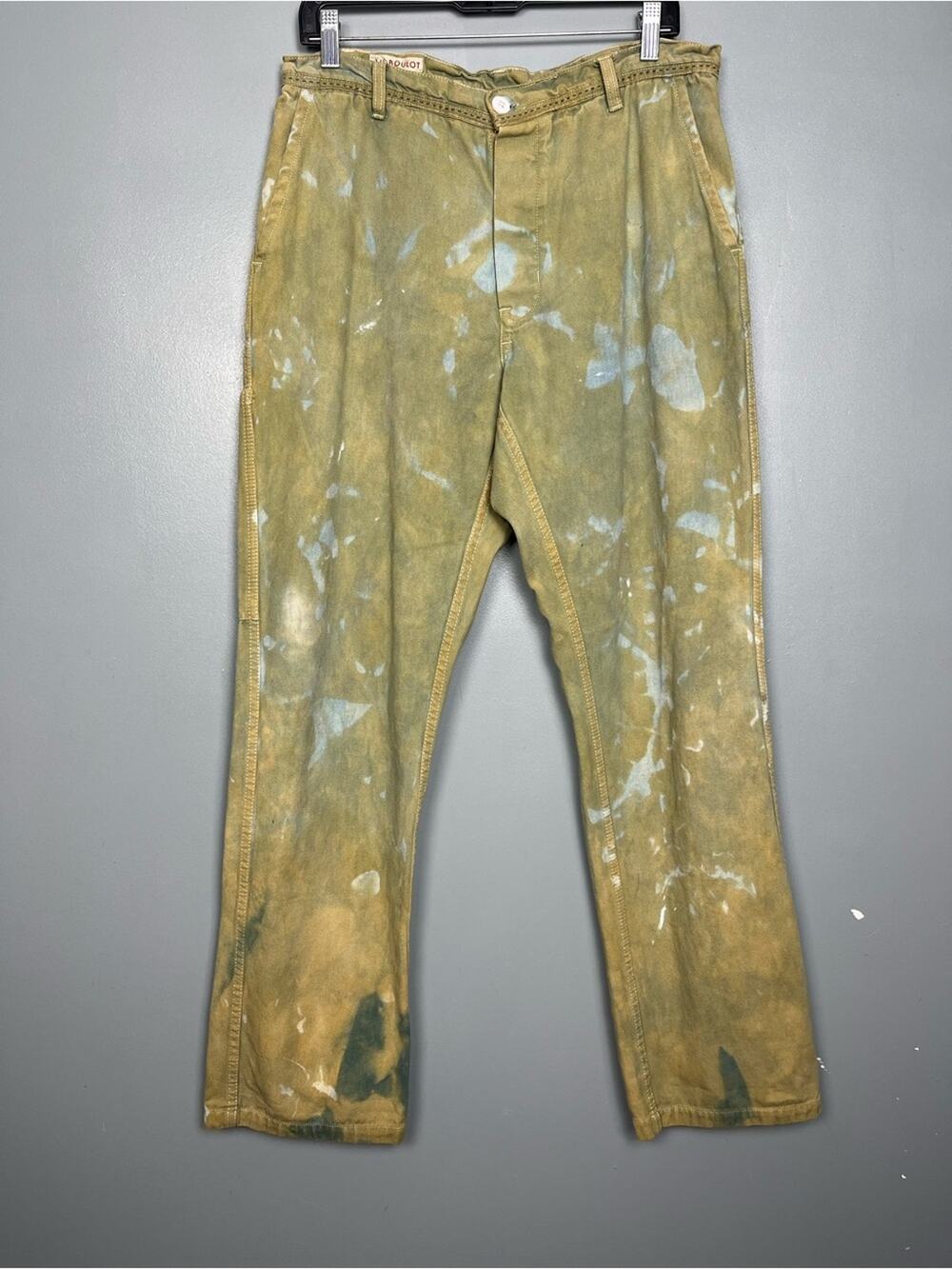 Au Boulot Reworked French Workwear Pants Olive Green Bleach Paint Splatter